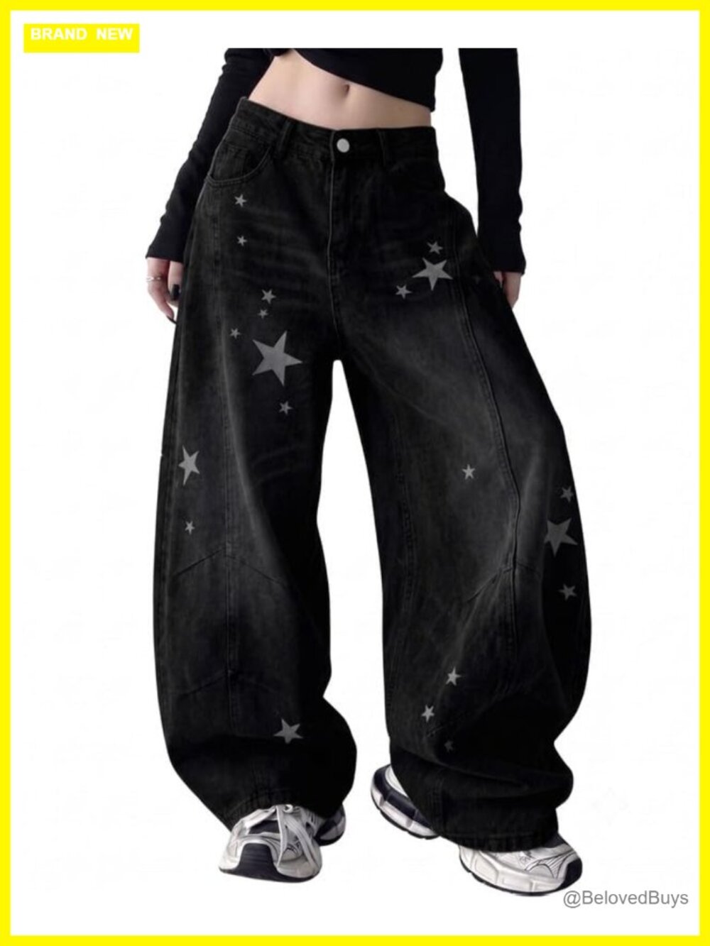 Baggy Barrel Jeans Low Rise Star Print Denim Pants